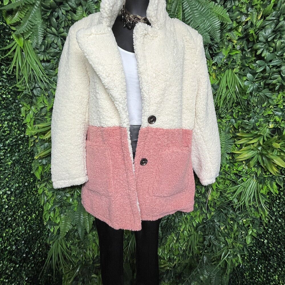 FRENCH CONNECTION Women Jacket XL Blazer Cream Pink Teddy Fleece Faux Fur NWT - Picture 9 of 10
